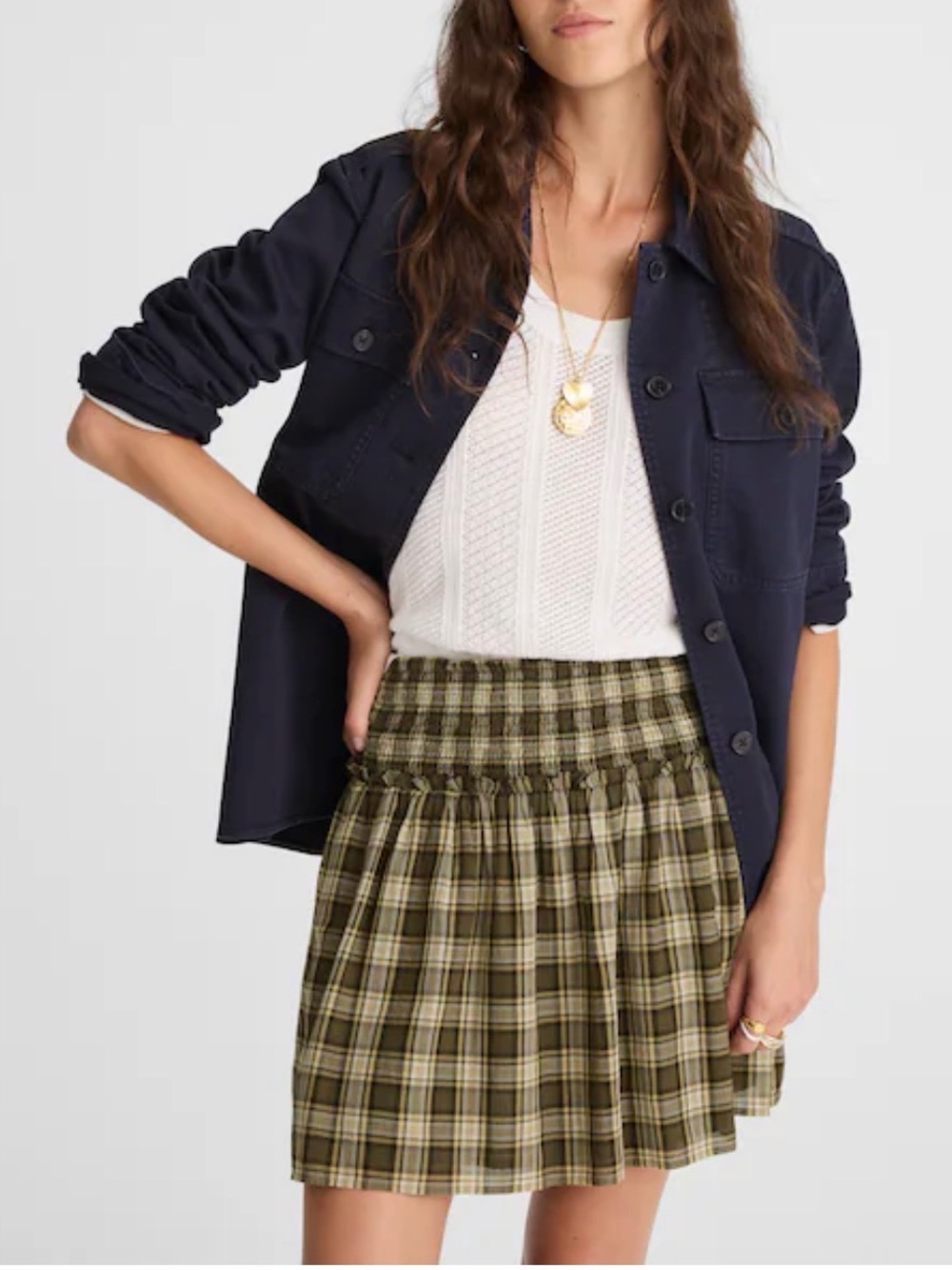 NWT Madewell Olive Plaid Smocked Waist Mini Skirt